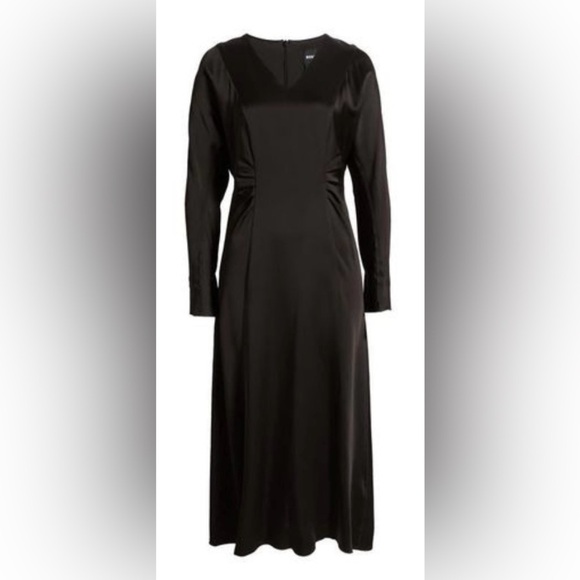 BOSS BLACK: Elegant Long Sleeve Dress with Silver Button Cuffs - Picture 2 of 13
